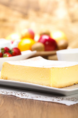 The composition of delicious cheesecake served with strawberries