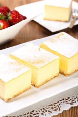 The composition of delicious cheesecake served with strawberries