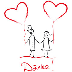 Wir sagen Danke! Hochzeitspaar mit Herzluftballons sagt Danke, Vektor, Strichfigur
