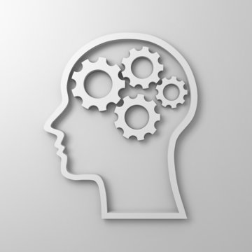 Brain gears in human head shape on white background