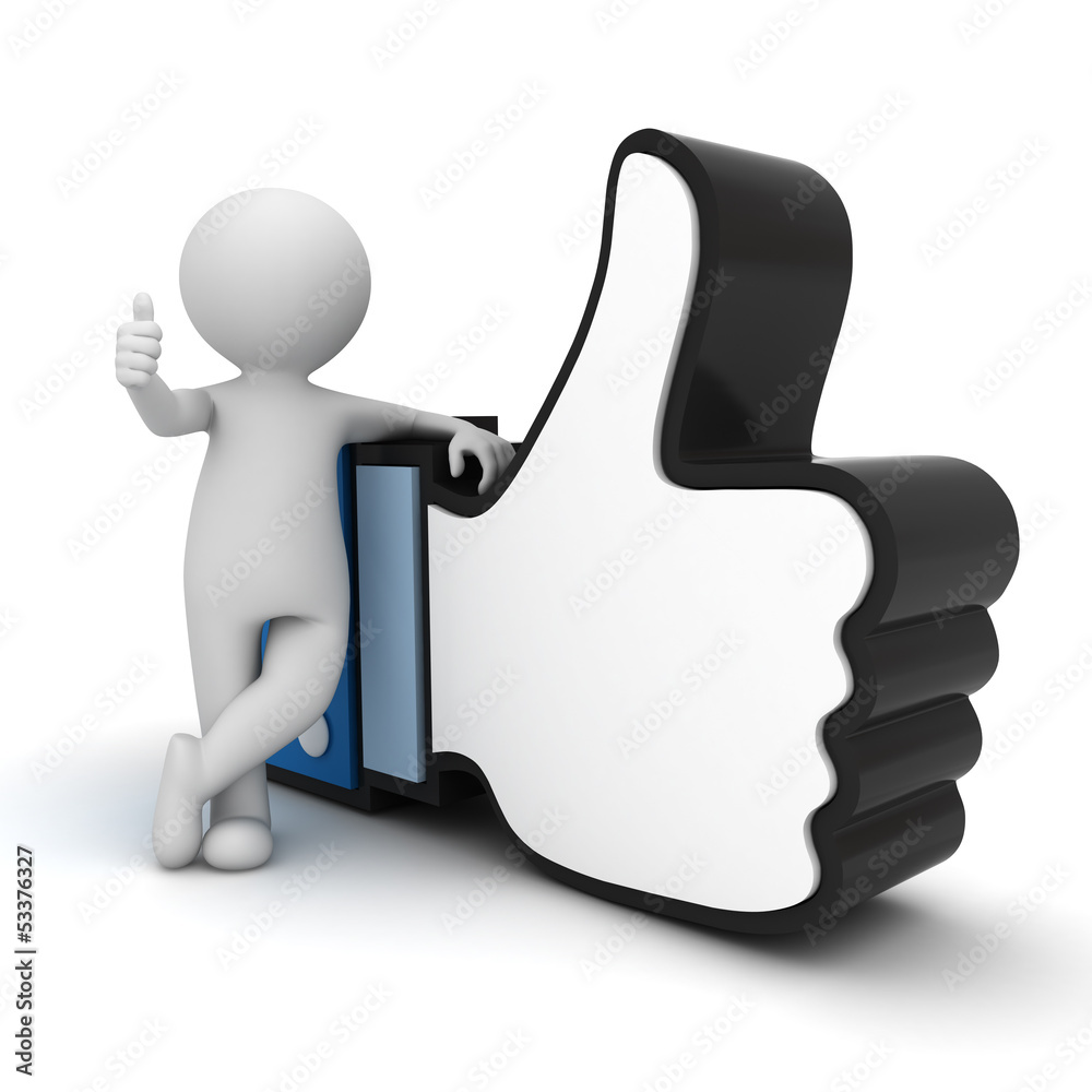 Poster 3d man showing thumb up with like hand symbol over white