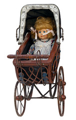 Vintage toy pram with doll. Clipping path included.