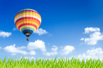 Colorful hot air balloon over green fields