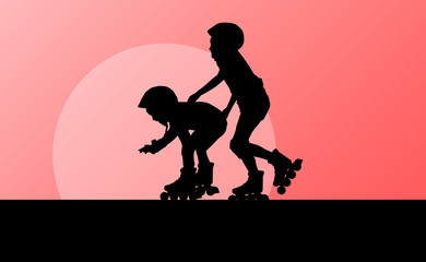 Cute kids in roller skates vector background family