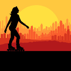 Woman roller skating vector background with city and sunset