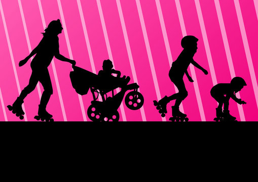 Family in roller skates vector background concept