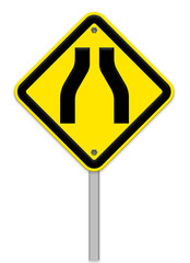 Road narrows traffic sign on white background with clipping path