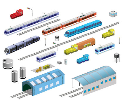 Isometric Set Of Railroad Equipment On A White Background