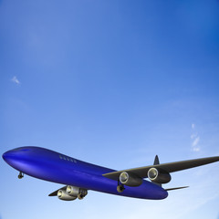 Jet plane in a blue cloudy sky. Square composition.