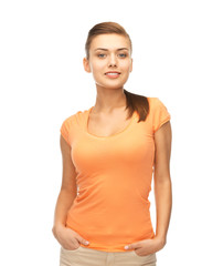 smiling woman in blank color t-shirt