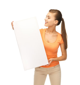 woman with white blank board