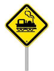 Railroad Level Crossing Sign without barrier or gate ahead the r