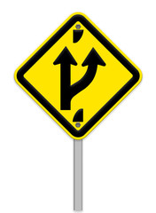 Road sign indicating a forked road ahead,part of a series