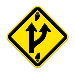 Road sign indicating a forked road ahead,part of a series