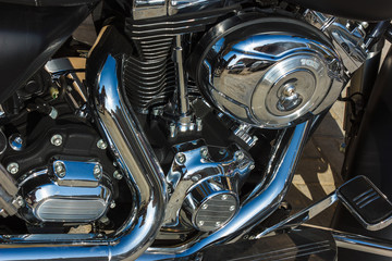 Fototapeta na wymiar shiny nickel plated metal mechanism the motorcycle