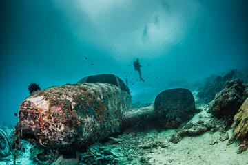 Naklejka premium Diver and underwater plane wreck