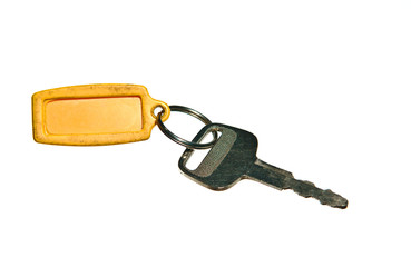 old key attached to a plastic keychain