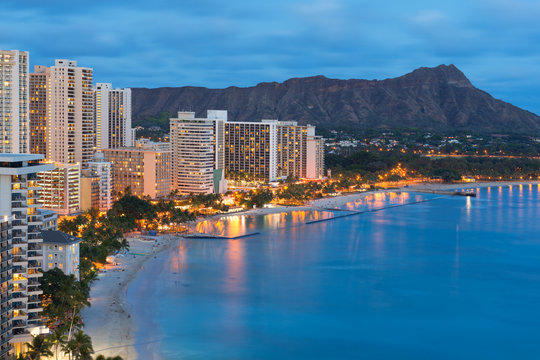 Honolulu city and Waikiki Beach at night