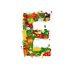 Fresh vegetables and fruits letter E