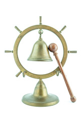 Fototapeta na wymiar Brass bell with wooden stick - Old bell with wood stick