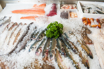 Fresh fish in ice on fishmonger's stall