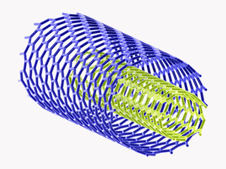 3D image of blue and green nanotubes on white background