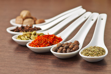 Colorfull Spices in a Ceramic Spoons