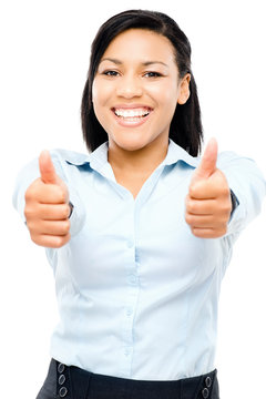 Happy Hispanic Business Woman Thumbs Up Isolated On White Backgr