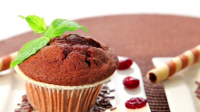 Delicious muffins with chocolate - dolly shot of muffin