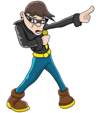 cartoon singer pointing, black jacket, sunglasses