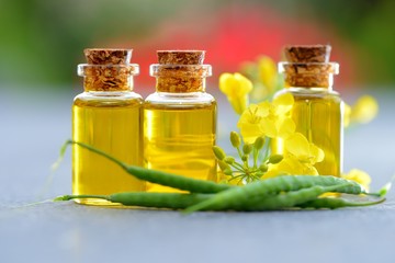 rapeseed oil in bottle and rape pod
