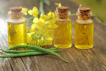 bottles with rapeseed oil on wood