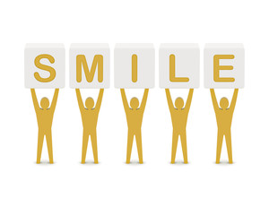 Men holding the word smile. Concept 3D illustration.