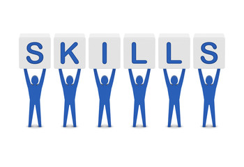 Men holding the word skills. Concept 3D illustration.