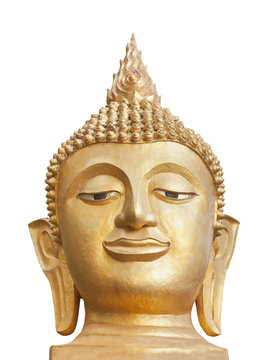 Head of golden Buddha statue, isolated on white background