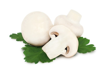 Champignons on green leaves (isolated)