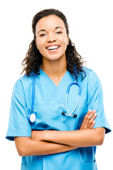 Happy mixed race nurse smiling arms folded isolated on white bac