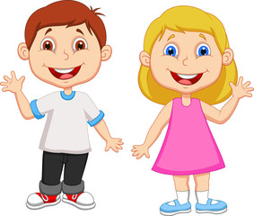 Boy and girl waving hand