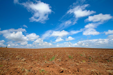 Plowed field with beautiful blue sky