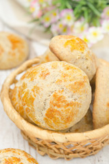 basket with homemade bread rolls closeup