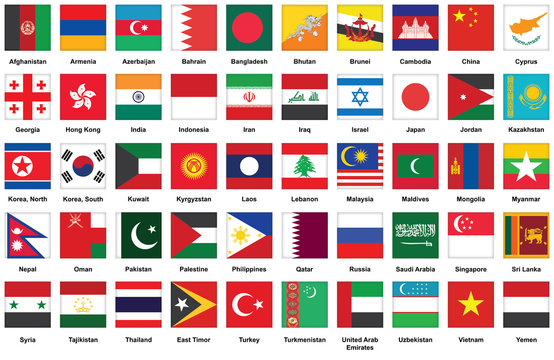 set of square icons with Asian flags