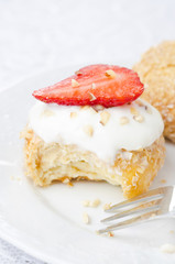 close-up of cottage cheese pancakes with fresh strawberries