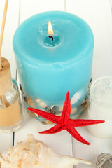 Sea spa composition on wooden table close-up