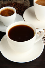 Assortment of different hot coffee drinks close up