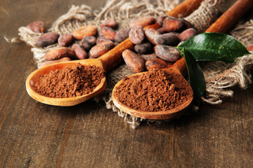 Cocoa powder and beans in spoons on wooden background
