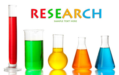 Test tubes with colorful liquids isolated on white