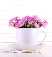 Many small pink cloves in cup on wooden background
