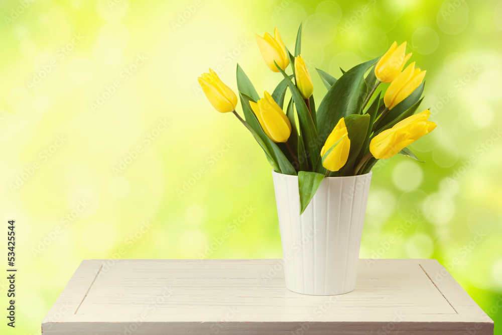 Wall mural Beautiful tulip bouquet over garden bokeh background