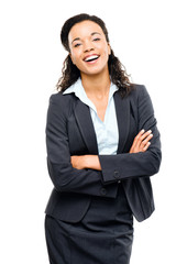 Fototapeta na wymiar Young mixed race businesswoman with arms folded smiling isolated