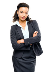 Fototapeta na wymiar Young mixed race businesswoman with arms folded isolated white b